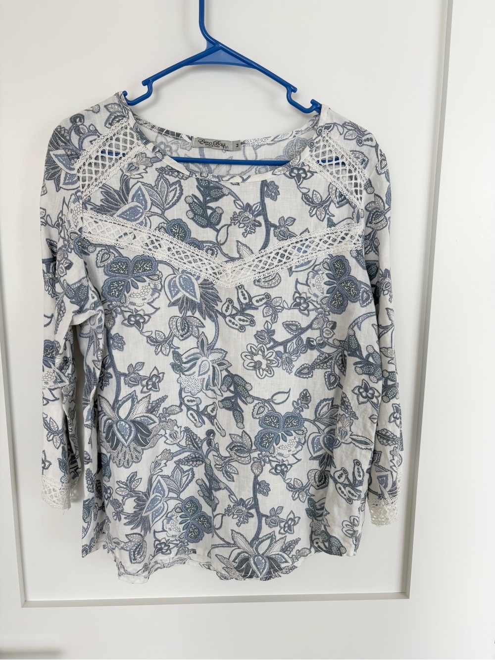 Elena Baldi Italy 100% Linen Floral Lace Trim 3/4 Sleeve Top Women’s M